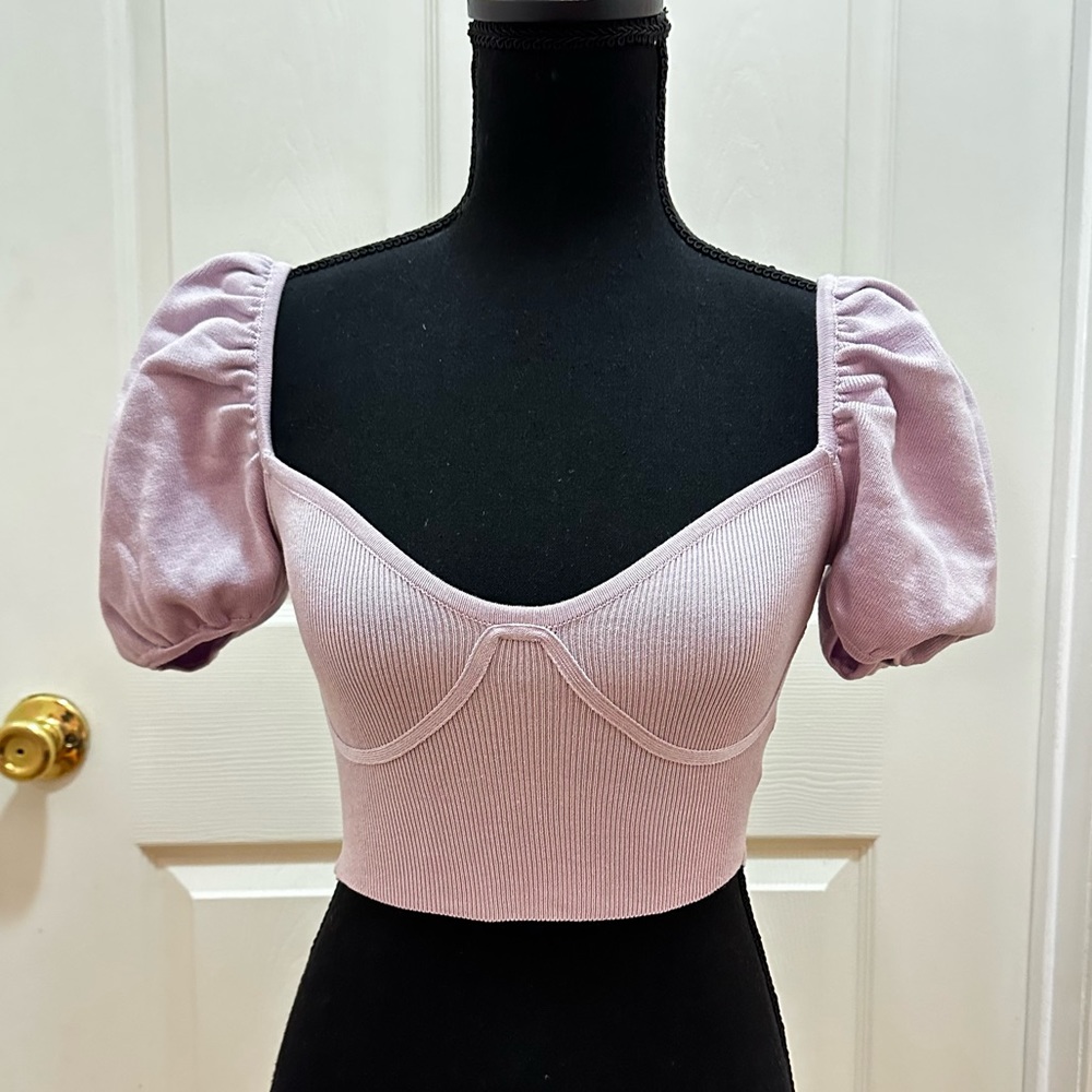 Lavender Puff Sleeve Cropped Knit Top - XSmall - New w/ Tags
